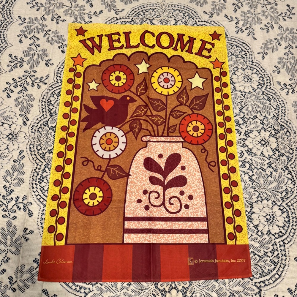 Linda Coleman Jeremiah Junction Folk Art Welcome Garden Flag Earth Tone‎ 36"x24"